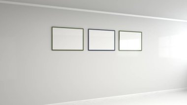 Boş beyaz poster duvara renkli çerçeve içinde. Resim ya da fotoğraf mockup. 3D render illüstrasyon