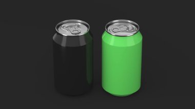 İki küçük siyah ve yeşil alüminyum tozu siyah arka plan üzerine mockup kutular. Bira veya içecek teneke paketi. 3D render illüstrasyon