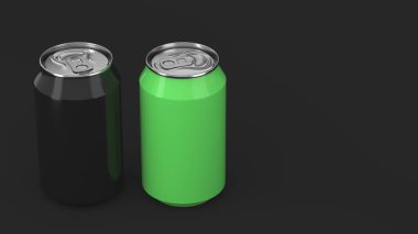 İki küçük siyah ve yeşil alüminyum tozu siyah arka plan üzerine mockup kutular. Bira veya içecek teneke paketi. 3D render illüstrasyon