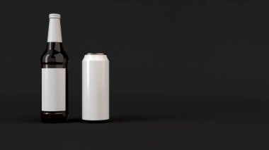 Kahverengi bira şişe boş beyaz etiket ile 0,5 l kadar alay ve siyah arka plan üzerine beyaz alüminyum miyim. Tasarım veya marka şablonu. 3D render illüstrasyon