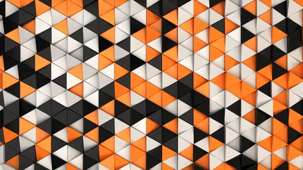 Pattern of black, white and orange triangle prisms. Wall of prisms. Abstract 3d background. 3D rendering illustration.