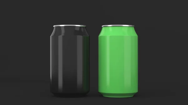 Two small black and green aluminum soda cans mockup on black background. Tin package of beer or drink. 3D rendering illustration