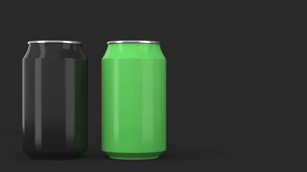 黑色背景的两个小的黑色和绿色的铝汽水罐样机 锡包啤酒或饮料 渲染插图 — 图库照片
