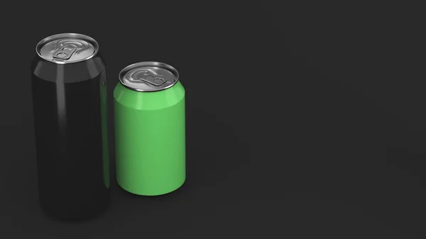 Stor Svart Och Små Gröna Aluminium Soda Burkar Mockup Svart — Stockfoto
