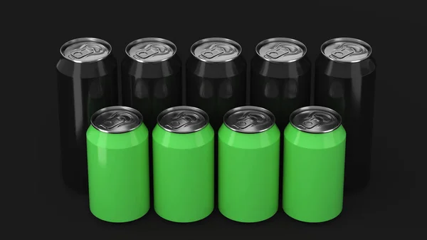 Grandes Pequenas Latas Refrigerante Preto Verde Duas Raws Sobre Fundo — Fotografia de Stock