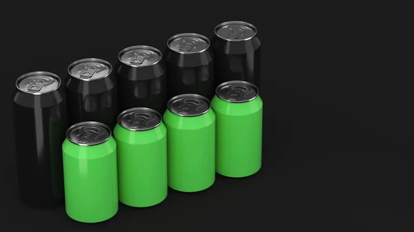Grote Kleine Zwarte Groene Soda Blikjes Staande Twee Raws Zwarte — Stockfoto