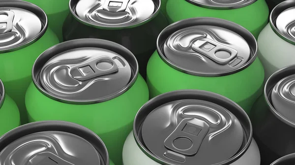 Grote Zwarte Witte Groene Soda Blikjes Zwarte Achtergrond Drank Mockup — Stockfoto