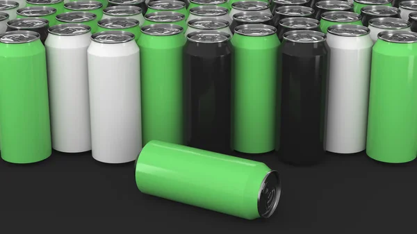 黒の背景に大きな黒 緑のソーダ缶 飲料のモックアップ ビールやドリンクの錫のパッケージです レンダリング図 — ストック写真