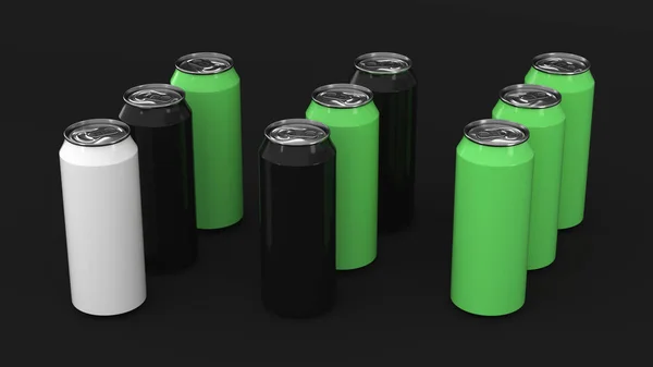 Cru Latas Refrigerante Preto Branco Verde Sobre Fundo Preto Mockup — Fotografia de Stock