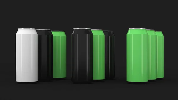 黑色背景的黑色 白色和绿色汽水罐的原料 饮料样机 锡包啤酒或饮料 渲染插图 — 图库照片
