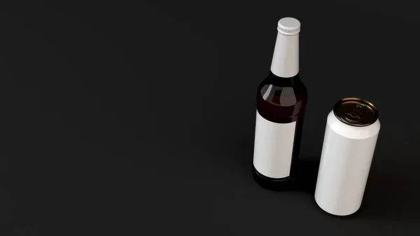 Makiety Piwa Brązowy Butelka Czystą Białą Etykietą Białe Aluminium Można — Zdjęcie stockowe