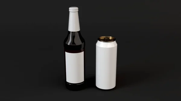 Изображение Коричневой Бутылки Пива Пустой Белой Этикеткой Белой Алюминиевой Банкой — стоковое фото