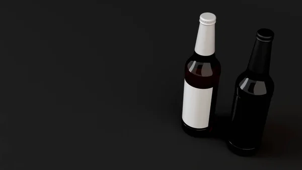 模拟两个棕色啤酒瓶0 与空白黑色和白色标签黑色背景 设计或品牌模板 渲染插图 — 图库照片