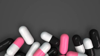 Siyah arka plan üzerine siyah, beyaz ve kırmızı ilaç kapsül yığını. Tıp, sağlık veya eczane konsepti. 3D render illüstrasyon