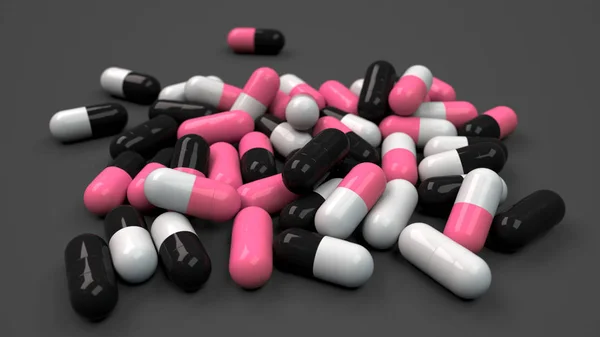 Stapel Schwarzer Weißer Und Roter Medikamentenkapseln Auf Schwarzem Hintergrund Medizinisches — Stockfoto