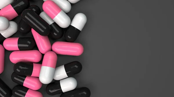 红药胶囊黑色背景 医疗或药学的概念 渲染插图 — 图库照片