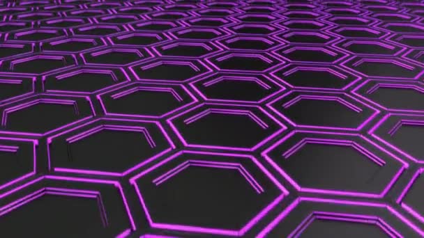 Fondo Tecnológico Abstracto Hecho Hexágonos Negros Con Brillo Púrpura Pared — Vídeo de stock