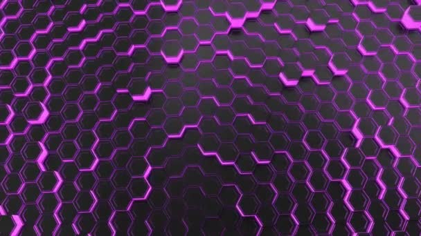 Абстрактный Технологический Фон Черных Шестиугольников Фиолетовым Свечением Стена Шестиугольников Рендеринг — стоковое видео