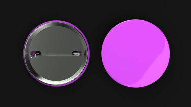 Siyah arka plan üzerine boş mor rozeti. PIN düğmesini mockup. 3D render illüstrasyon