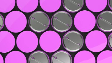 Siyah arka plan boş mor rozetleri. PIN düğmesini mockup. 3D render illüstrasyon