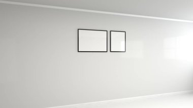 Duvardaki siyah çerçeve içinde boş beyaz posteri. Resim ya da fotoğraf mockup. 3D render illüstrasyon