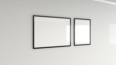 Duvardaki siyah çerçeve içinde boş beyaz posteri. Resim ya da fotoğraf mockup. 3D render illüstrasyon