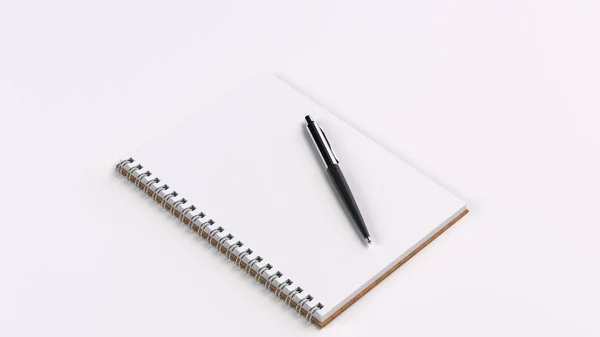 Boş beyaz spiral defter beyaz tablo otomatik tükenmez kalem ile. İşletme, eğitim veya ofis mockup. 3D render illüstrasyon.