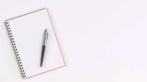 Lege Witte Spiraal Notitieboekje Met Automatische Balpen Witte Tafel Bedrijf — Stockfoto