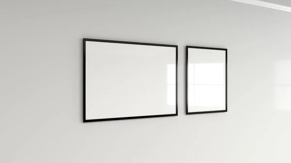 Üres Fehér Poszter Falon Fekete Keretben Kép Vagy Fénykép Makett — Stock Fotó