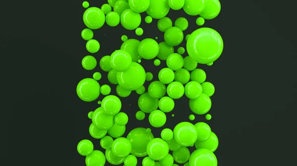 Green spheres of random size on black background. Abstract background with circles. Cloud of circles in front of wall. 3D rendering illustration