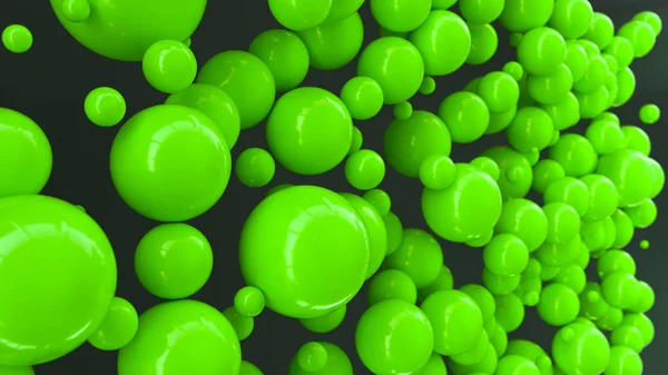 Green spheres of random size on black background. Abstract background with circles. Cloud of circles in front of wall. 3D rendering illustration