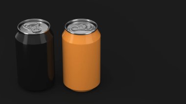 İki küçük alüminyum siyah ve portakal soda mockup siyah arka plan üzerine kutular. Bira veya içecek teneke paketi. 3D render illüstrasyon