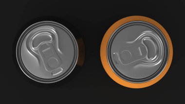 İki küçük alüminyum siyah ve portakal soda mockup siyah arka plan üzerine kutular. Bira veya içecek teneke paketi. 3D render illüstrasyon