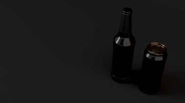 Kahverengi bira şişe boş siyah etiket ile 0,5 l kadar alay ve siyah arka plan üzerine siyah alüminyum miyim. Tasarım veya marka şablonu. 3D render illüstrasyon