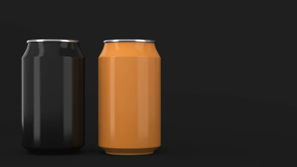Twee Kleine Zwart Oranje Aluminium Soda Blikjes Mockup Zwarte Achtergrond — Stockfoto