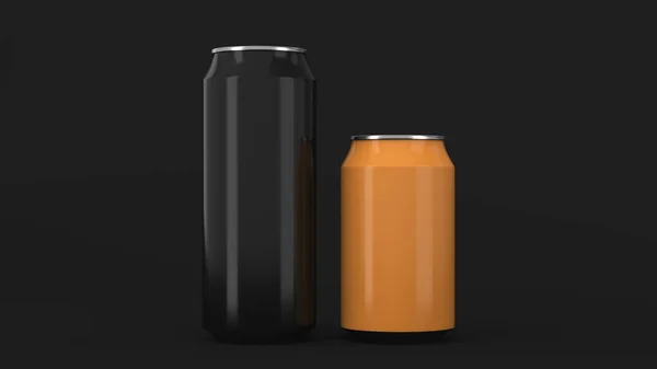 Duże Czarne Małe Pomarańczowe Aluminium Soda Puszek Makieta Czarnym Tle — Zdjęcie stockowe
