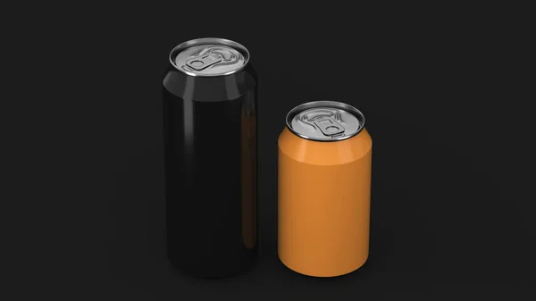 Grande Nero Piccolo Arancio Lattine Alluminio Soda Mockup Sfondo Nero — Foto Stock