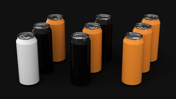 Cru Latas Refrigerante Preto Branco Laranja Sobre Fundo Preto Mockup — Fotografia de Stock