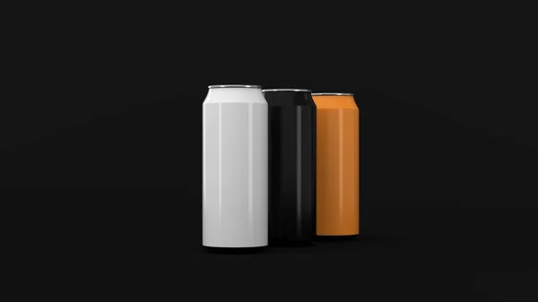 Raw Van Zwart Wit Oranje Soda Blikjes Zwarte Achtergrond Drank — Stockfoto