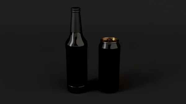 嘲笑棕色啤酒瓶0 与空白黑标签和黑铝罐头在黑色背景 设计或品牌模板 渲染插图 — 图库照片