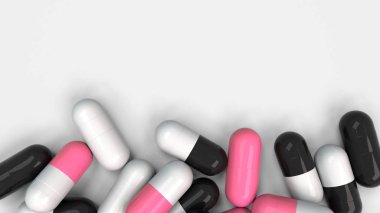 Beyaz arka planda siyah, beyaz ve kırmızı ilaç kapsül yığını. Tıp, sağlık veya eczane konsepti. 3D render illüstrasyon