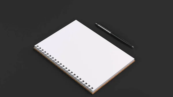 Caderno Espiral Branco Branco Com Caneta Esferográfica Automática Mesa Preta — Fotografia de Stock
