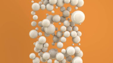 Rastgele büyüklükteki turuncu zemin üzerine beyaz küreler. Arka plan daire ile. Bulut çevrelerin duvar önünde. 3D render illüstrasyon