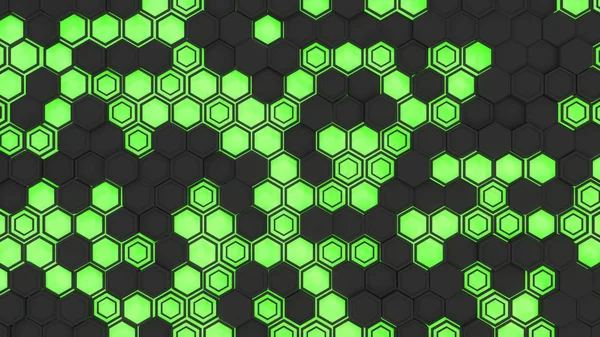 Abstrakter Hintergrund Aus Schwarzen Sechsecken Auf Grün Glühendem Hintergrund Wand — Stockfoto