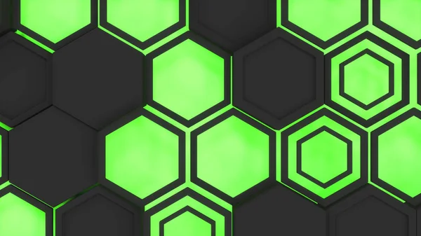 Abstract 3d background made of black hexagons on green glowing background. Wall of hexagons. Honeycomb pattern. 3D render illustration