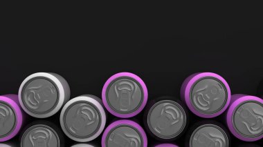 Büyük, siyah, siyah arka plan üzerine beyaz ve mor soda kutular. İçecek mockup. Bira veya içecek teneke paketi. 3D render illüstrasyon