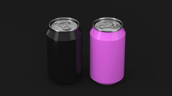 Dwa Małe Czarny Fioletowy Aluminium Soda Puszek Makieta Czarnym Tle — Zdjęcie stockowe