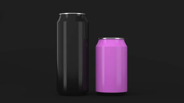 Big Black Small Purple Aluminum Soda Cans Mockup Black Background — Stock Photo, Image