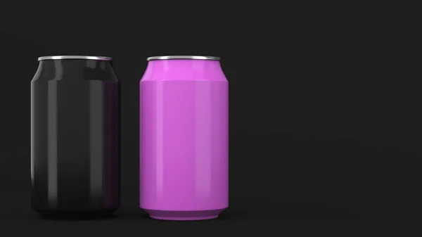 Two Small Black Purple Aluminum Soda Cans Mockup Black Background — Stock Photo, Image