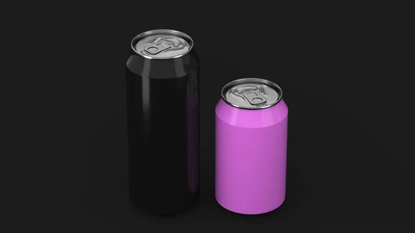 Big Black Small Purple Aluminum Soda Cans Mockup Black Background — Stock Photo, Image